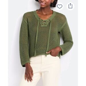 NWT Tura by Vince Camuto Olive Green Crochet, Fish Net Lace Up V Neck Sweater M